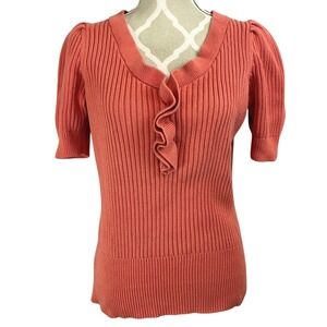 Talbots Womens M Coral Ribbed Cotton Ruffle V-Neck‎ Puff Short Sleeve Sweater